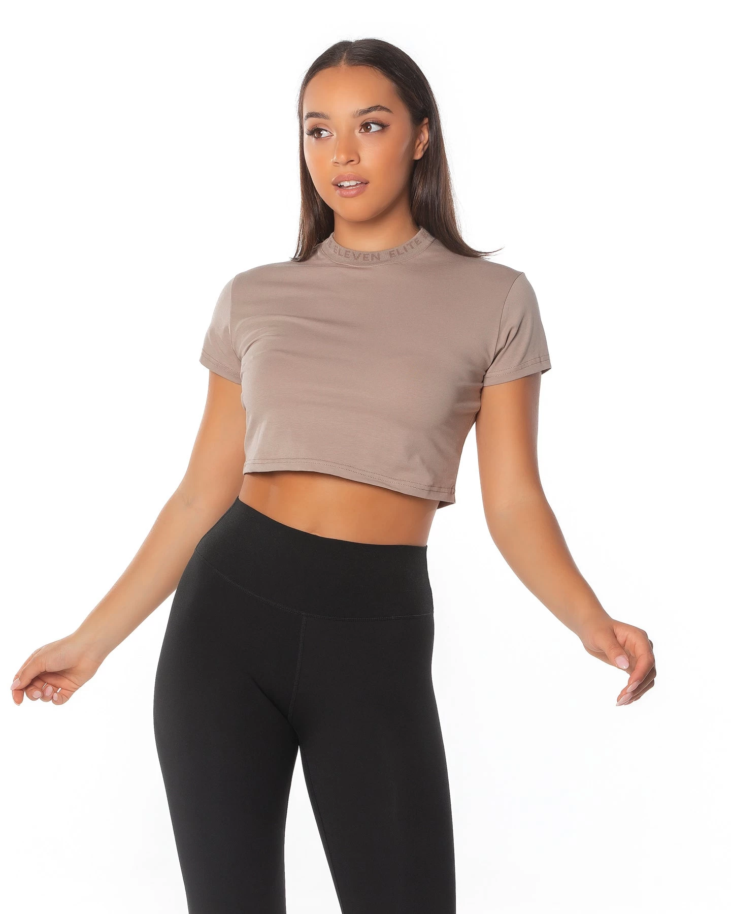 Elite Eleven Cropped Ribbed Collar T-shirt - Light Brown 2 Elite Eleven Cropped Ribbed Collar T-shirt - Light Brown - Image 2