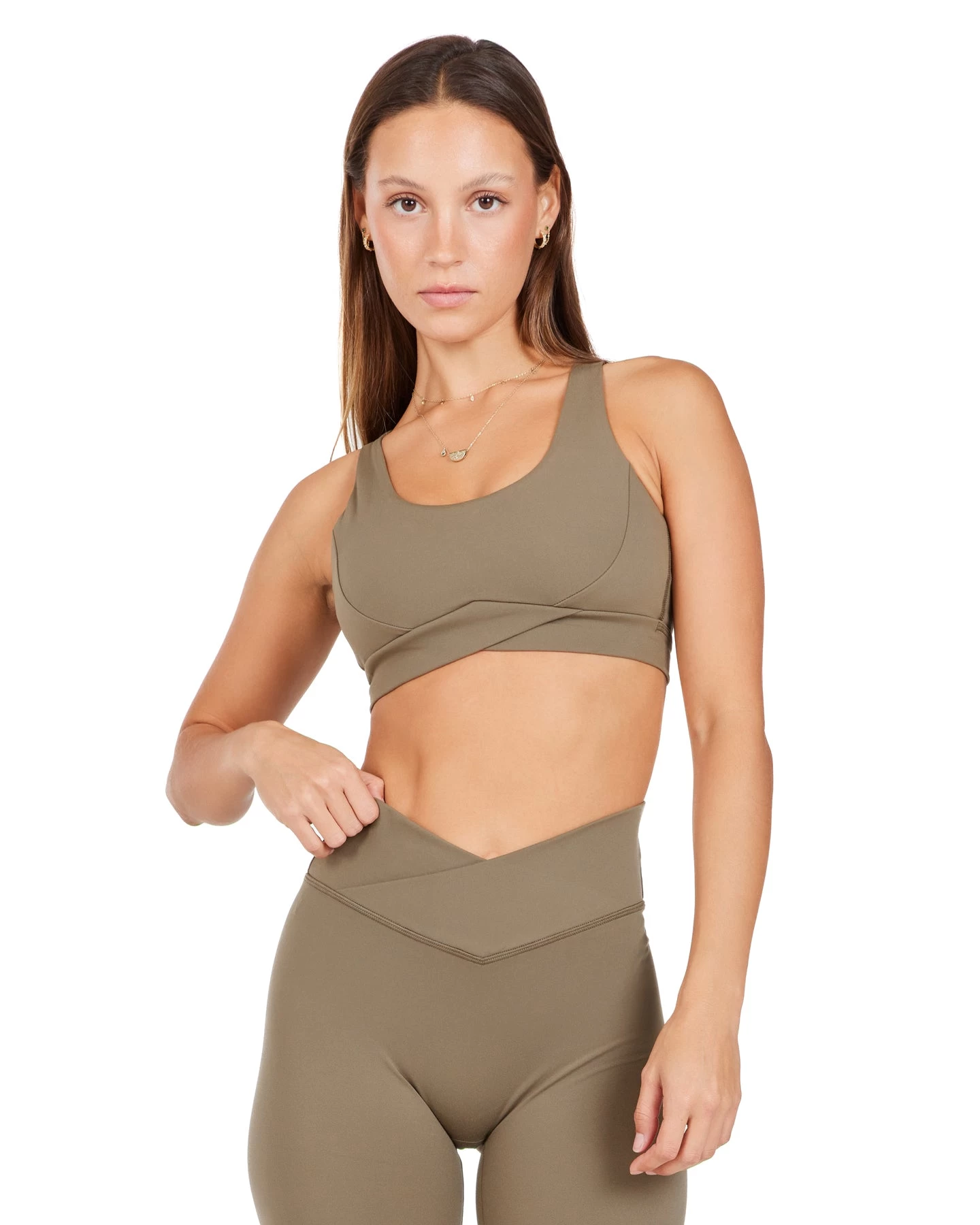 Elite Eleven Cross Over Sports Bra - Dusty Khaki 1 Elite Eleven Cross Over Sports Bra - Dusty Khaki